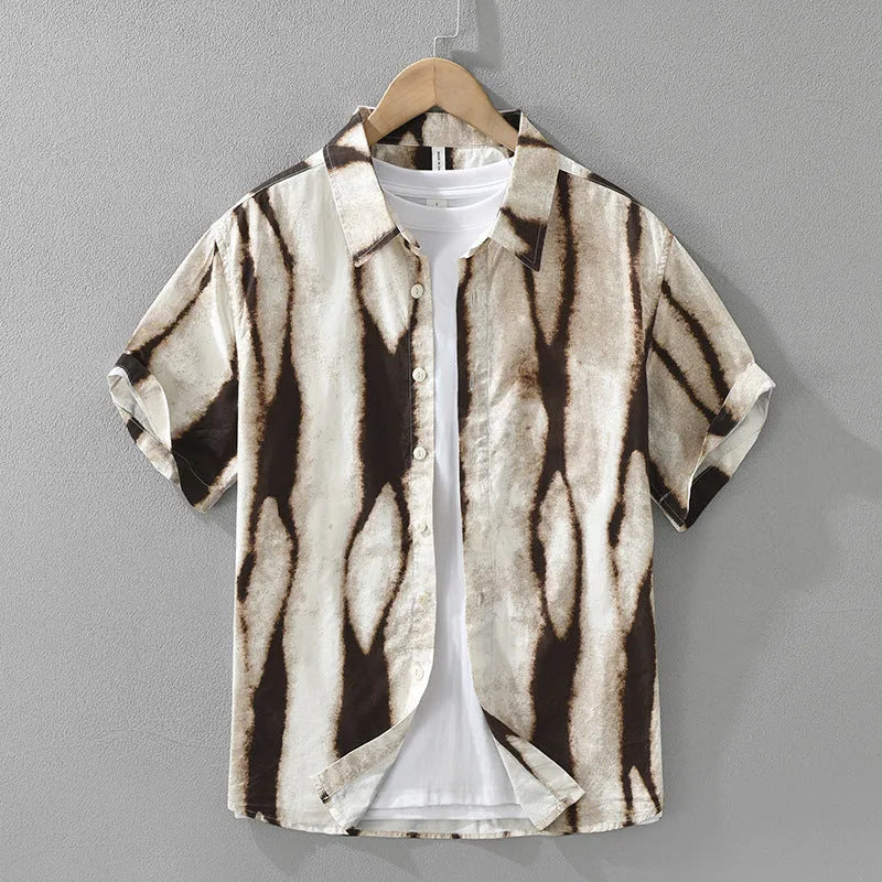 Retro striped short sleeve shirt in pure cotton, shown in black and brown, with a loose cardigan fit.