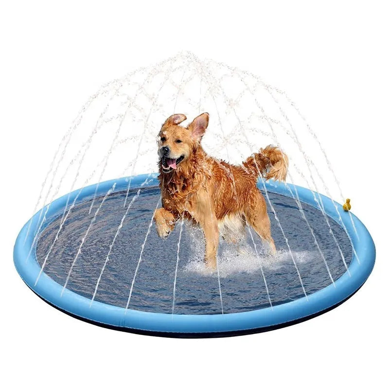 Inflatable blue dog pool splash pad with anti-slip texture, partially filled with water in a garden.