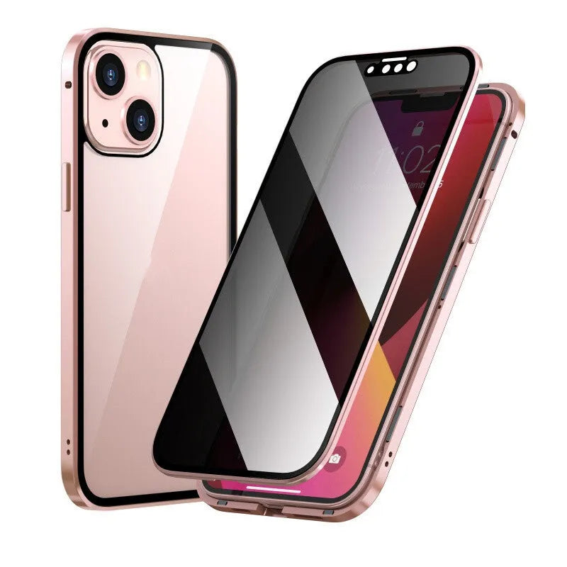 Magneto privacy-proof phone case with a double-sided metal frame, shown in a choice of colours for iPhone models.