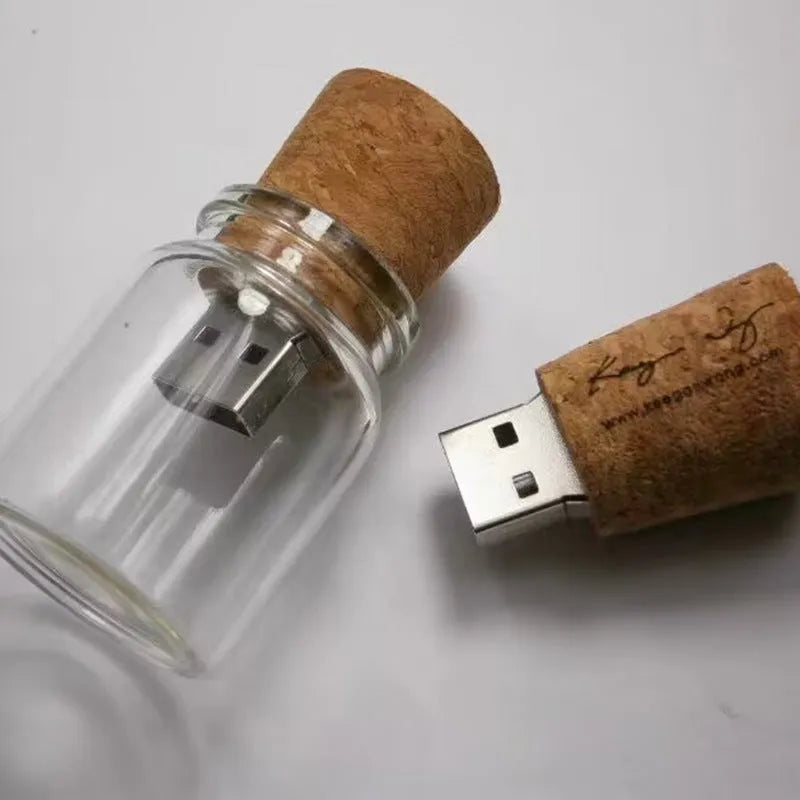 Transparent drift bottle USB flash drive with wooden ship inside, 60mm size