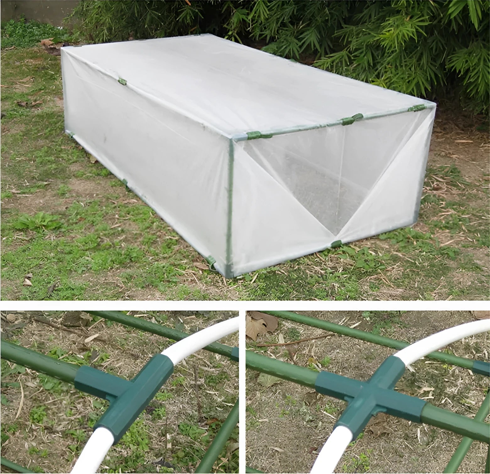 White plastic three-way and four-way garden stake connectors for building 11mm plant support frames.