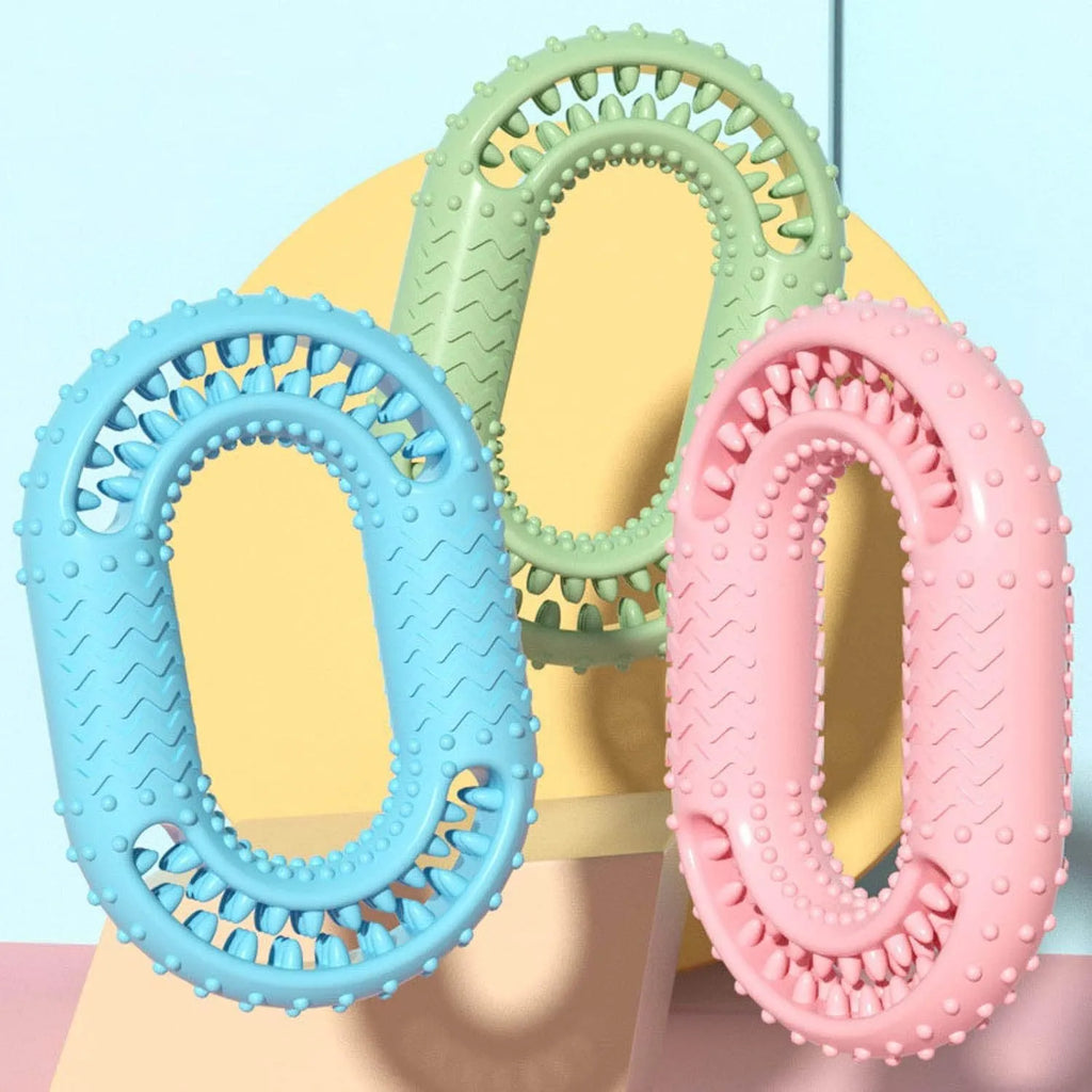 Blue o-ring shaped dog chew toy for aggressive chewers with dental cleaning benefits