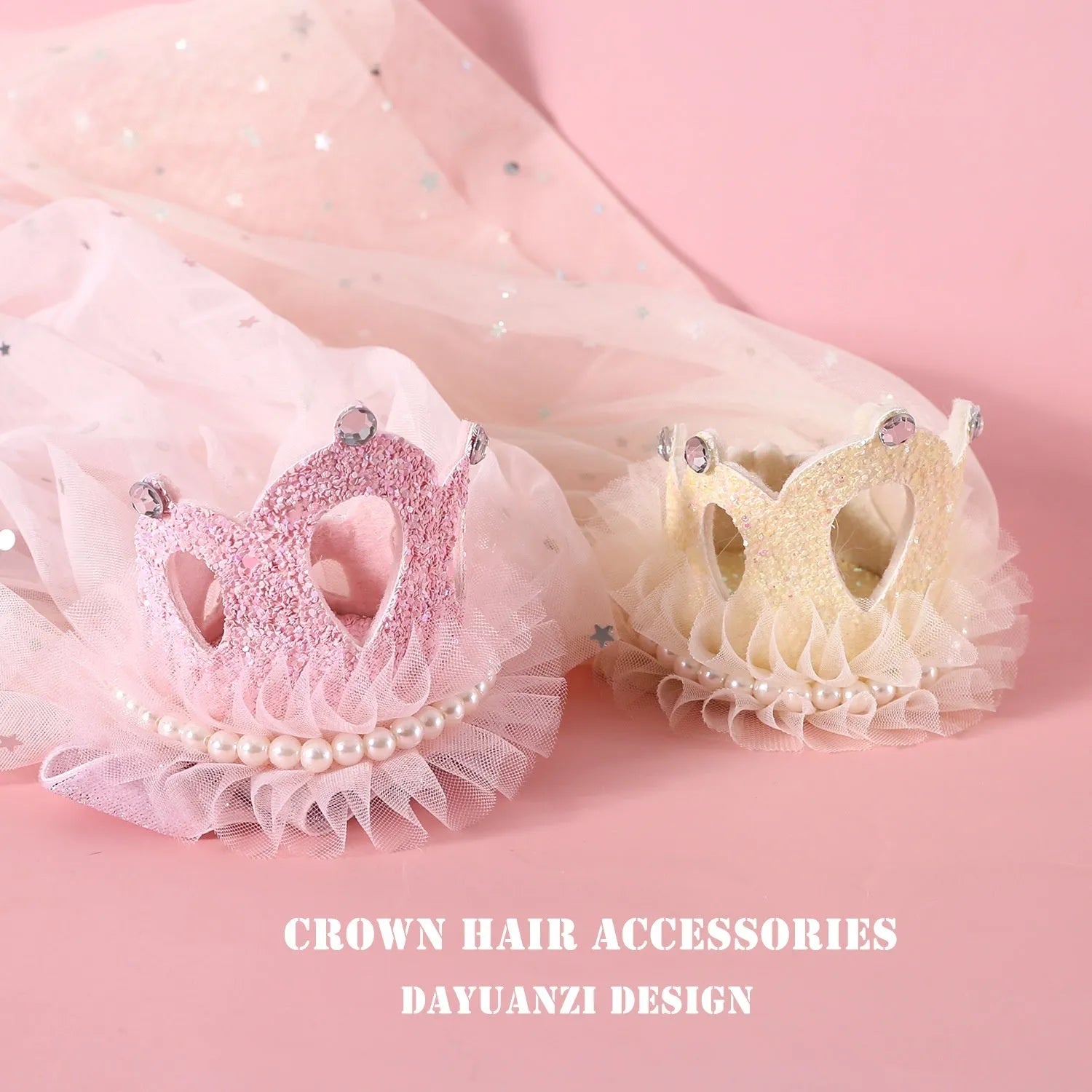 Pet cat wearing princess crown headdress with cotton polyester veil in beige colour