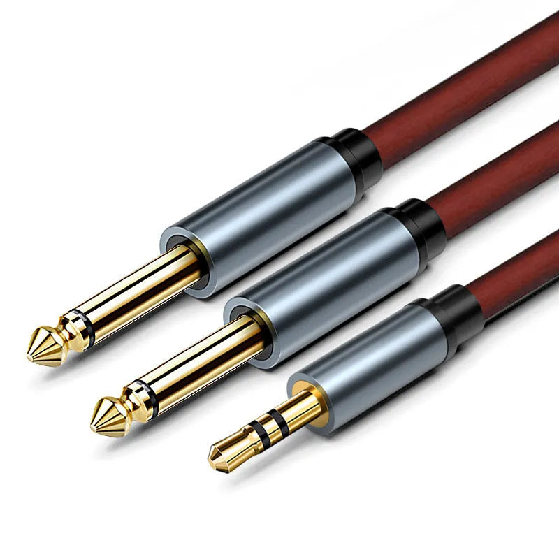 3.5mm stereo to dual 6.5mm mono Y-split audio cable with black PVC jacket