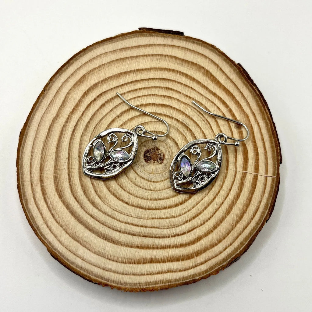 Silver alloy moonstone earrings with colourful embedded leaves design for women