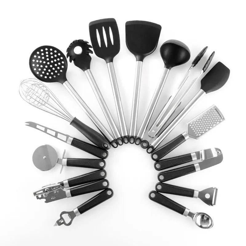 Black silicone cooking spatula spoon set with stainless steel handles, 16 pieces