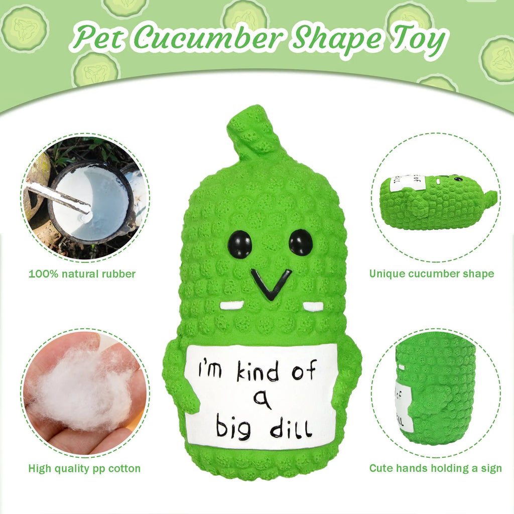 Green pickle-shaped latex dog chew toy with textured surface and squeaker.