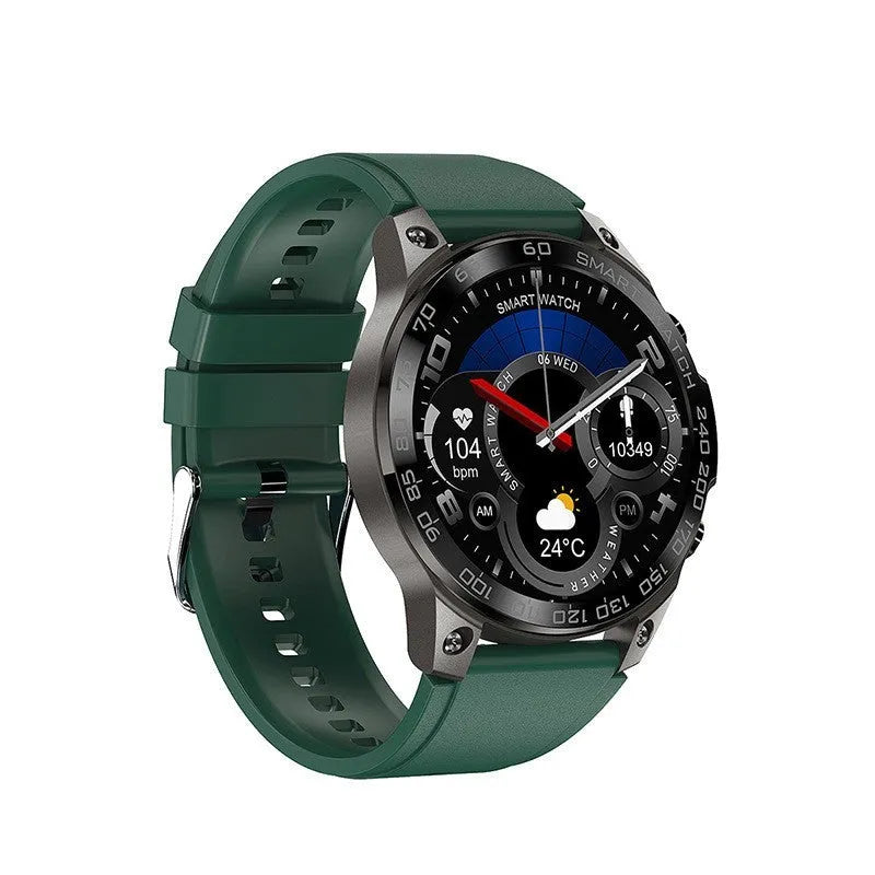 Bluetooth sports watch with circular AMOLED screen showing fitness data on silicone strap
