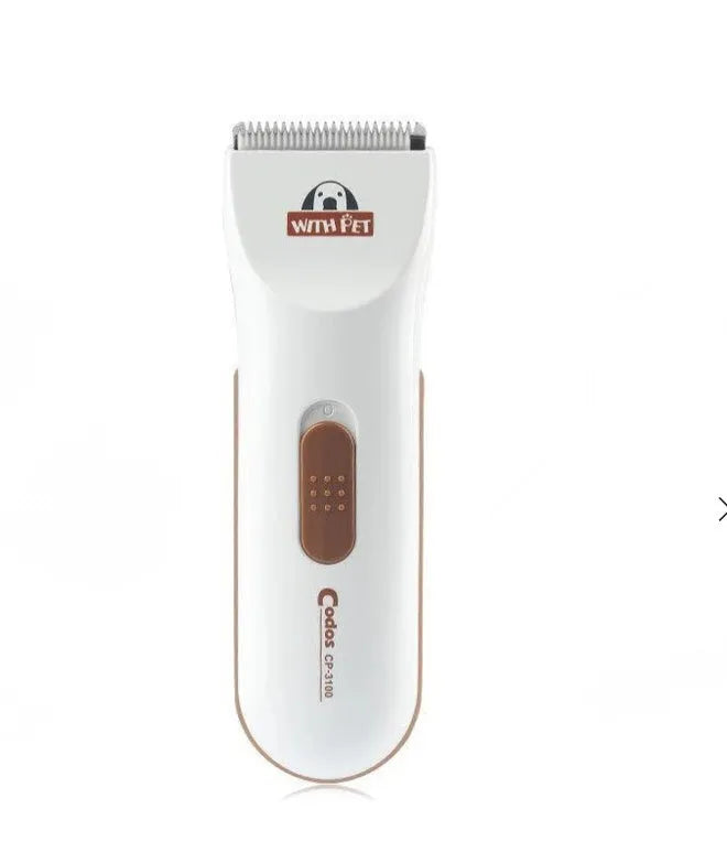 White electric pet hair clipper with ceramic blade for dog and cat grooming using AA batteries