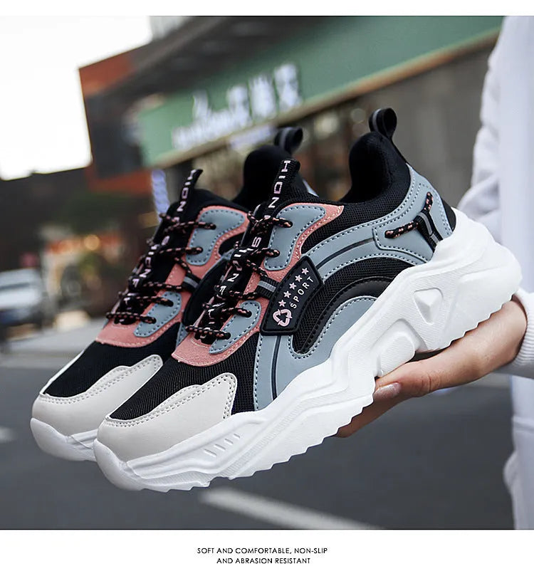 Women's white mesh casual sports shoes with round toe and buckle detail