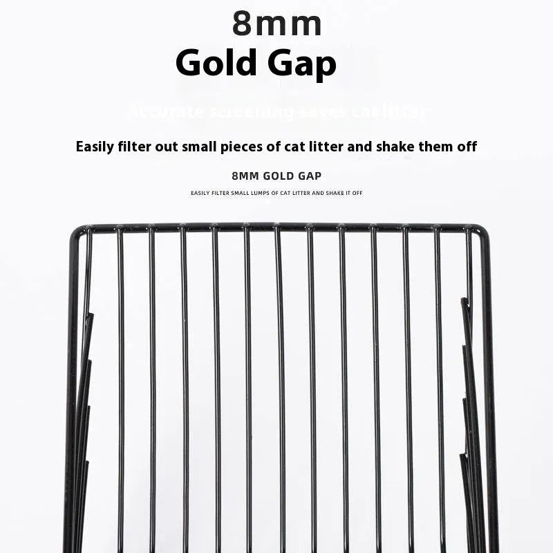 Black metal alloy cat litter scoop with 0.8cm wide sifting slots and an ergonomic handle.