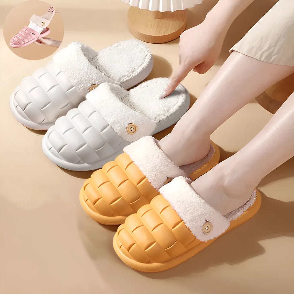 Pair of pink EVA detachable slippers with plush lining and textured anti-skid sole.