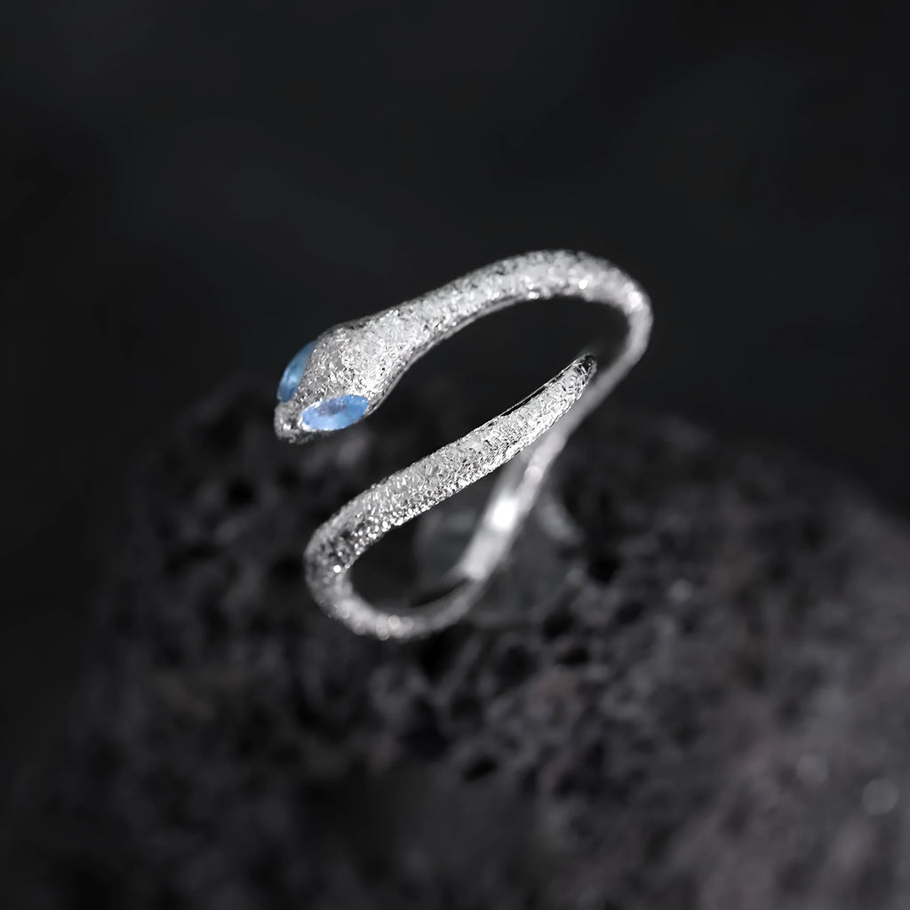 Women's adjustable silver snake ring with white gold electroplated finish