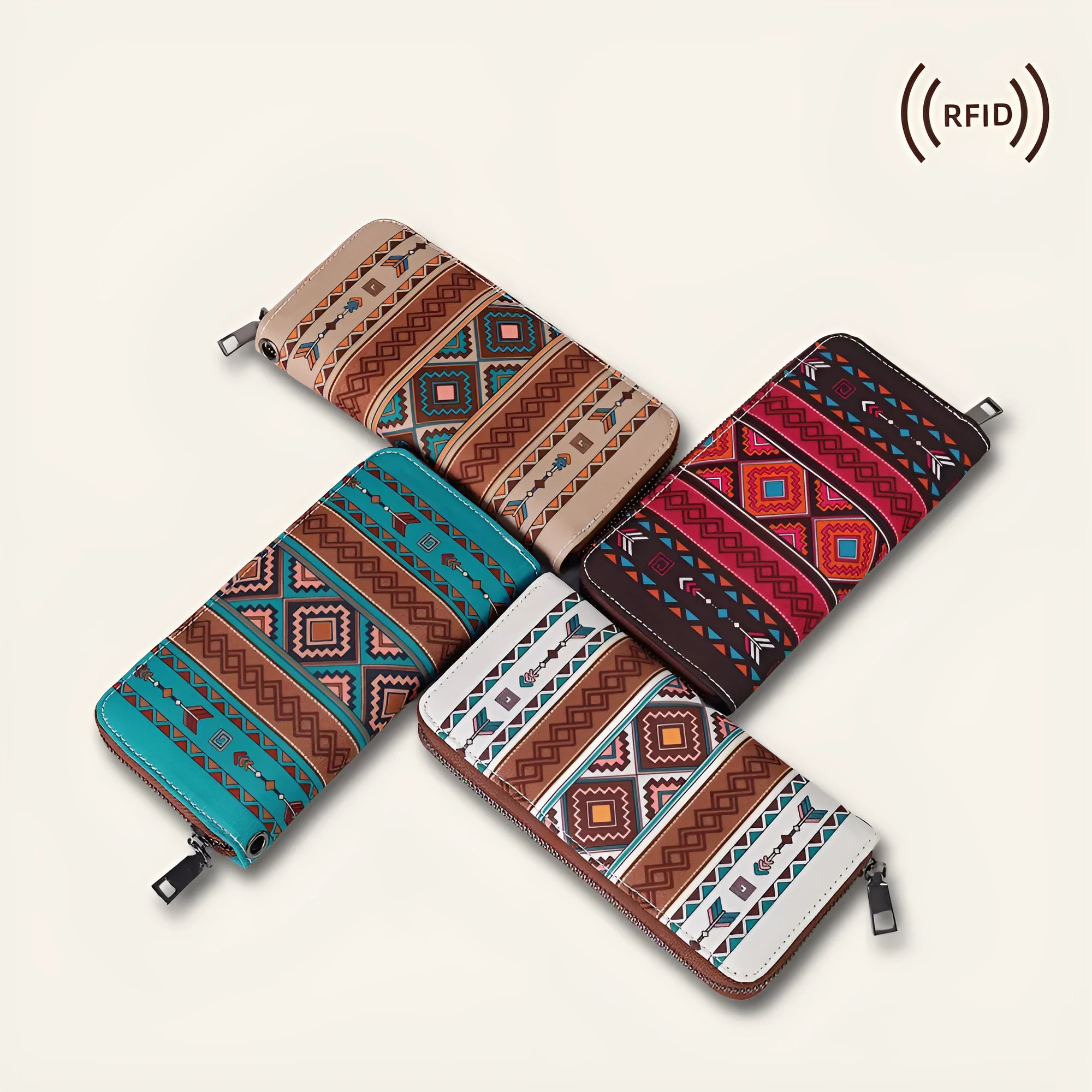 Bohemian striped canvas RFID blocking wallet in beige, black and red, khaki, or spearmint