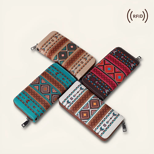 Bohemian striped canvas RFID blocking wallet in beige, black and red, khaki, or spearmint