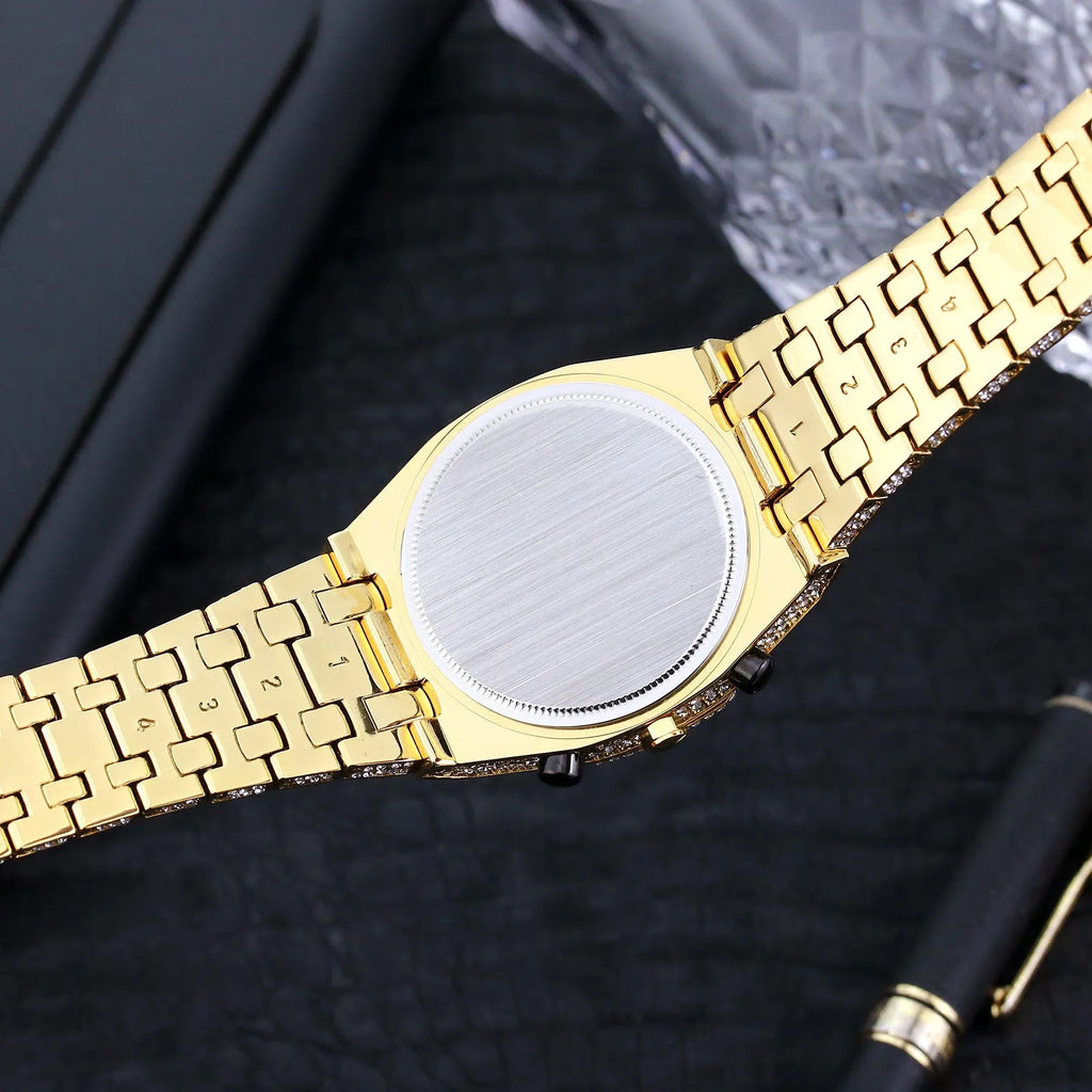 Full diamond three-eye chronograph quartz men's watch with 45mm gold alloy strap