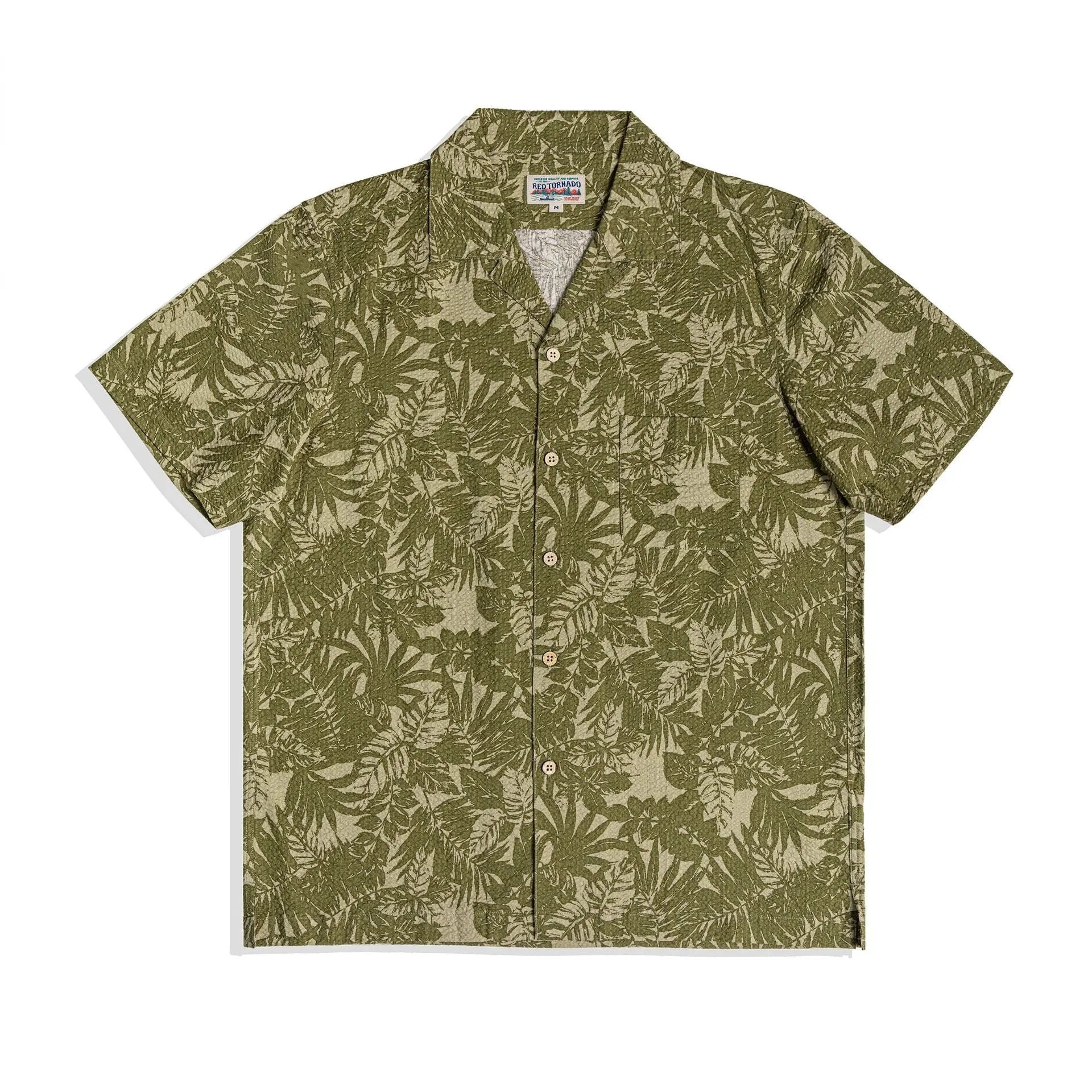 Vintage floral print seersucker Cuban collar shirt in T184 green colour option showing loose fit design