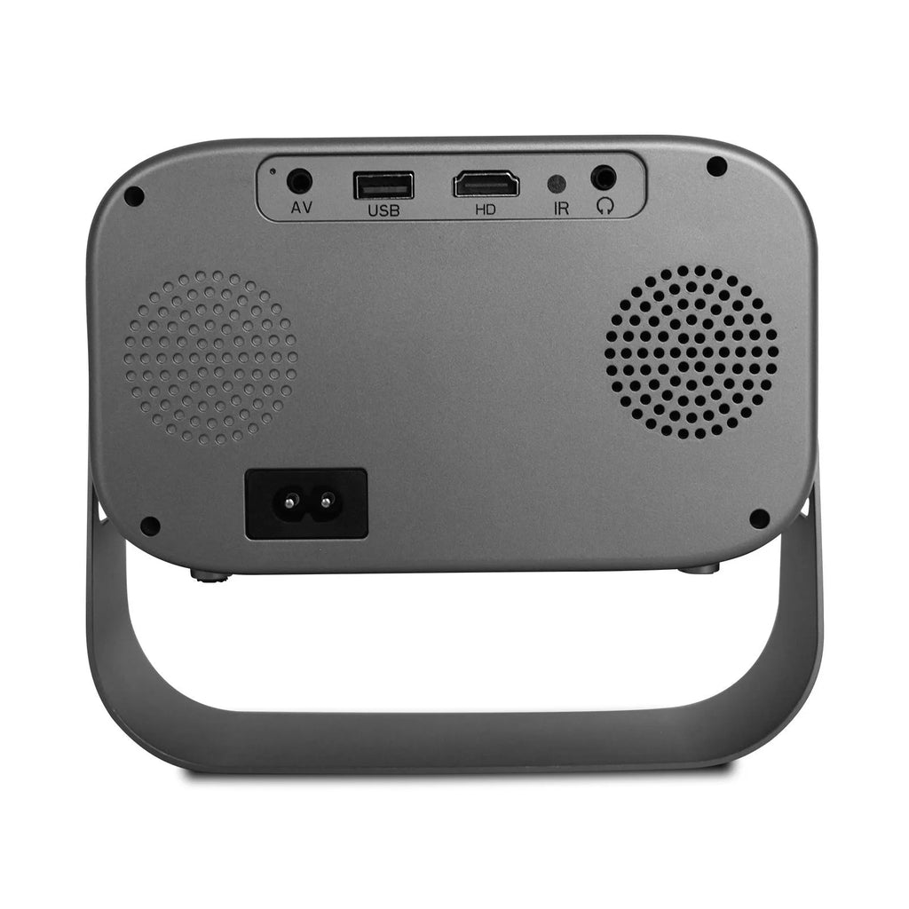 Black portable smart projector with remote control showing HD 1280x720 resolution and 150 lumens specifications