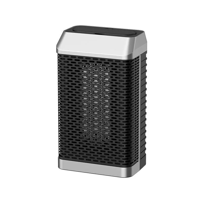 Black remote control desktop heater with compact design showing control knobs and air vents