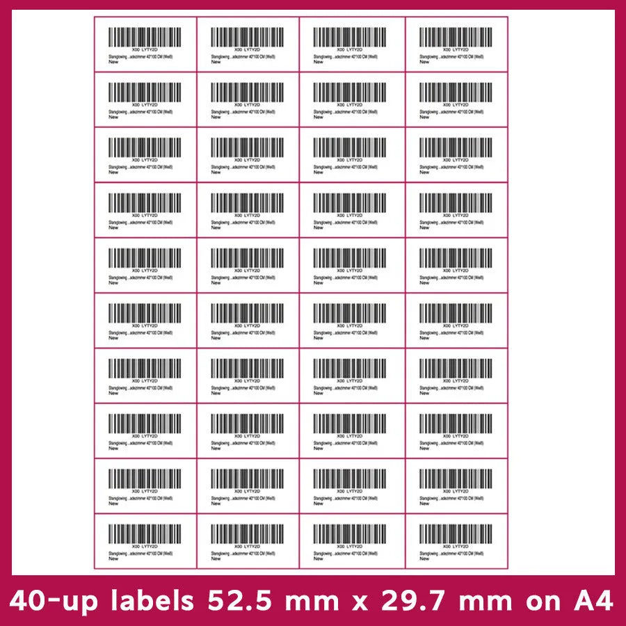 A4 paper FBA barcode labels showing ten different grid formats for printing
