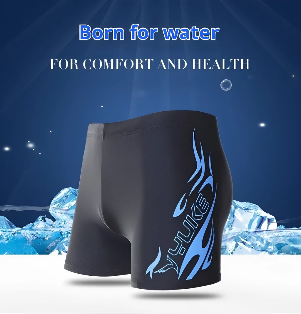 Men's boxer style swimming trunks with fire pattern design in plus sizes