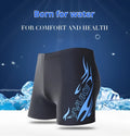 Men's boxer style swimming trunks with fire pattern design in plus sizes
