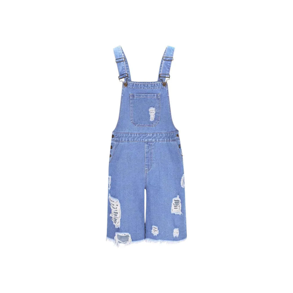 Men's ripped blue denim shorts with attached suspenders on a mid-waist, straight-leg cut.