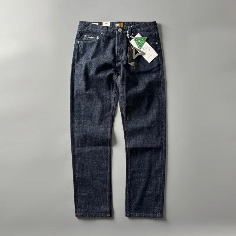 Men's straight-leg denim trousers in primary colour showing mid-waist design and traditional American retro styling