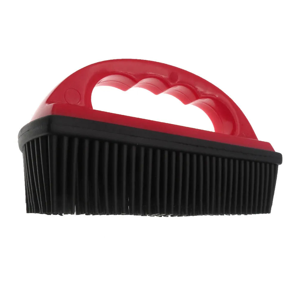 Red silicone pet hair removal brush with massage bristles for grooming and carpet cleaning