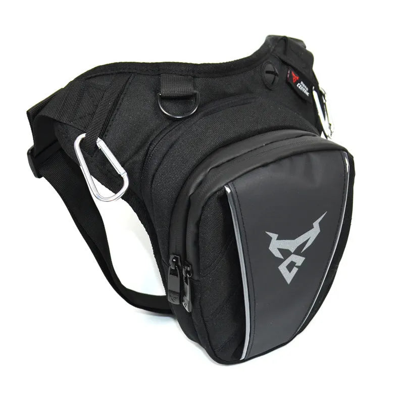 0105MC motorcycle leg bag in 1200D Oxford cloth, shown in red, blue, green, and grey colour options.