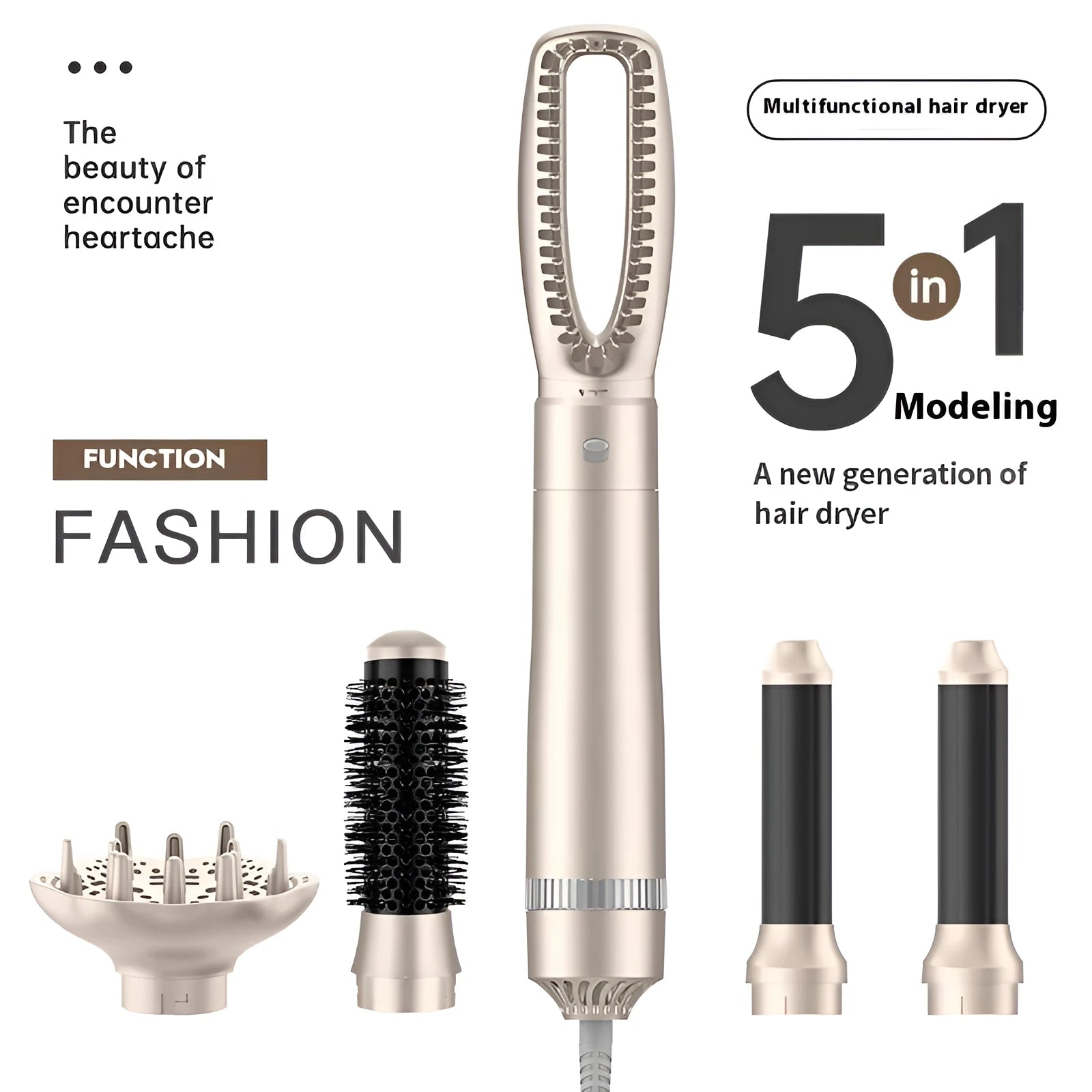 Champagne gold 5-in-1 hot air comb hair curler and straightener styling tool