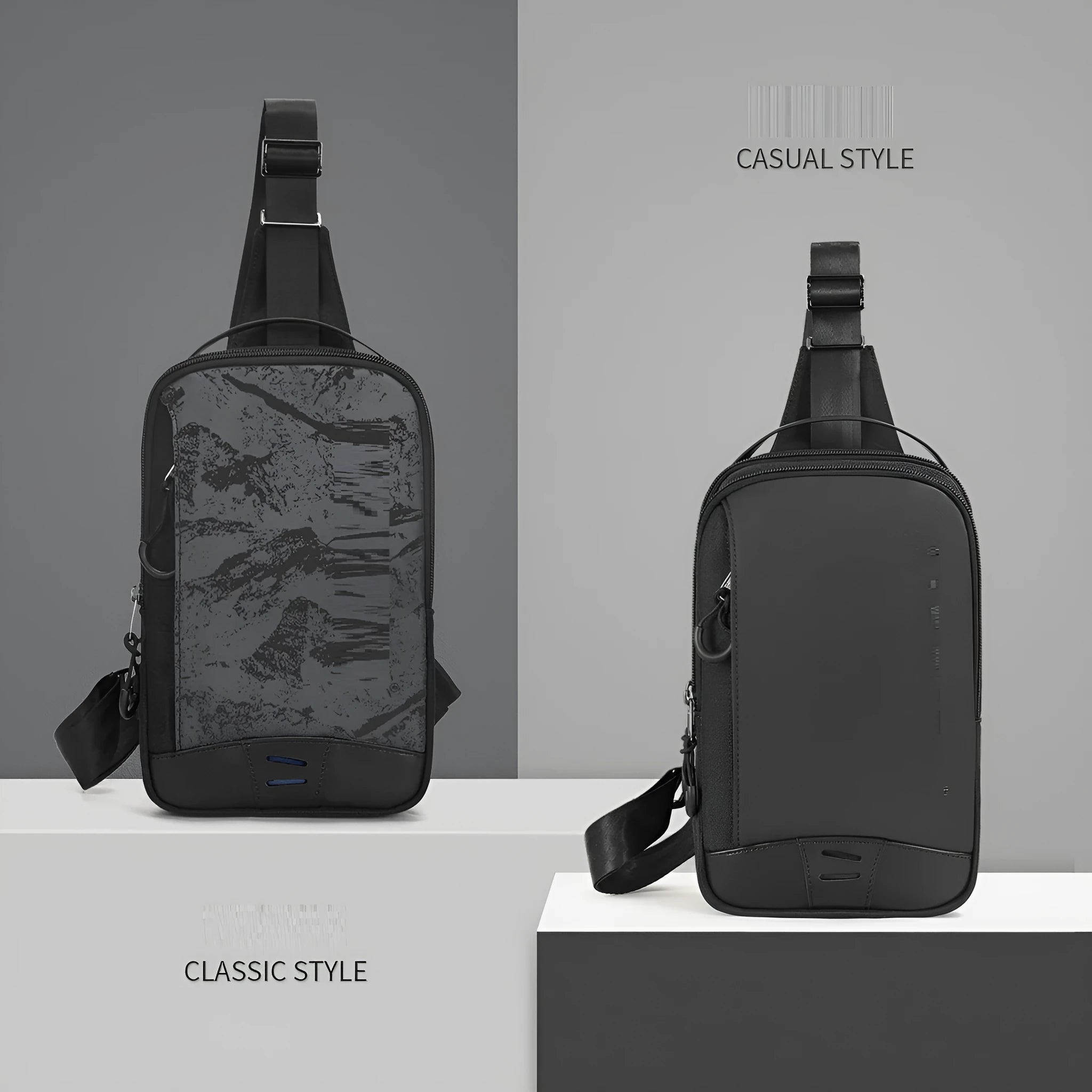 Casual black TPU chest pack with single shoulder strap showing landscape pattern details