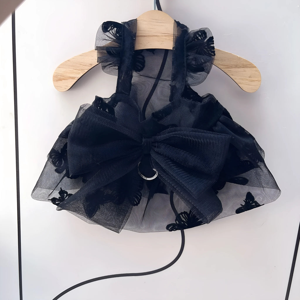 Black gauze princess tulle skirt for a small dog or cat, showing the pet clothing item.