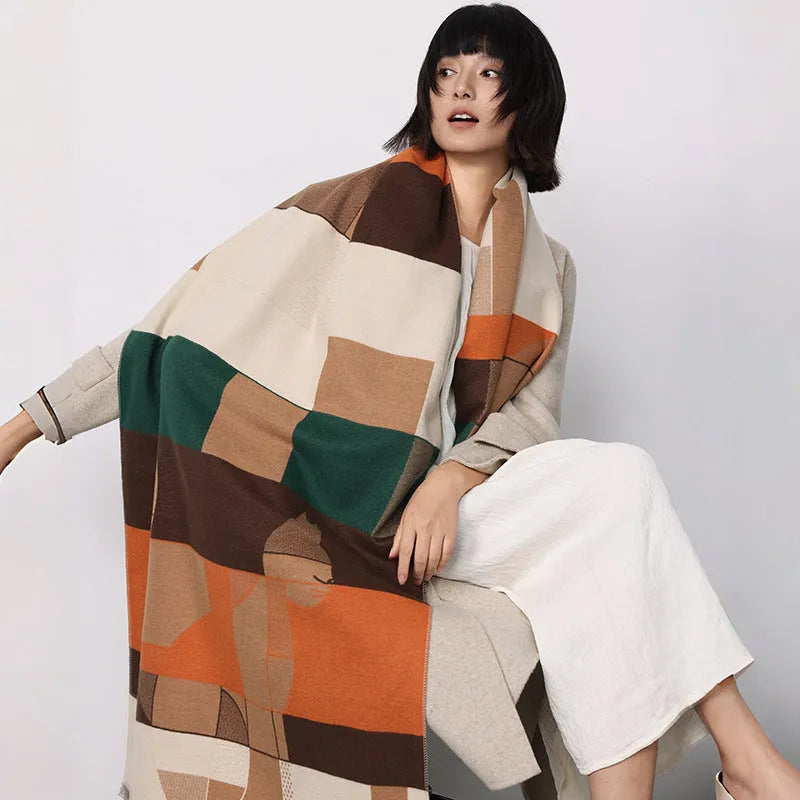 Long beige imitation cashmere scarf draped to show its 185cm length and texture.