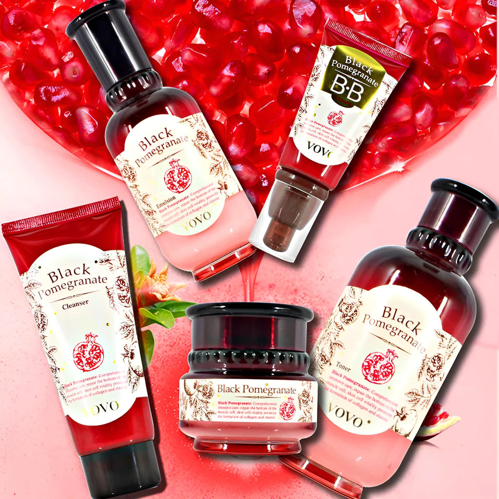 Pomegranate skincare six-product set showing cleanser, moisturising water, milk, essence, cream, and eye cream