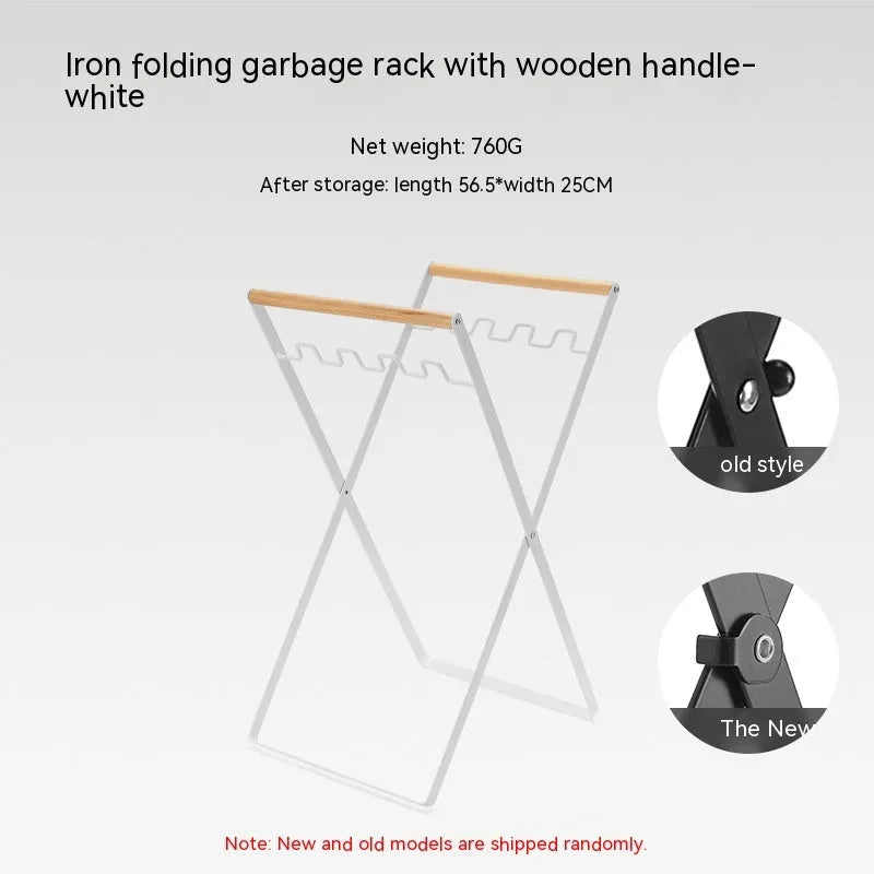 Black folding iron outdoor trash rack with a wooden handle standing upright.