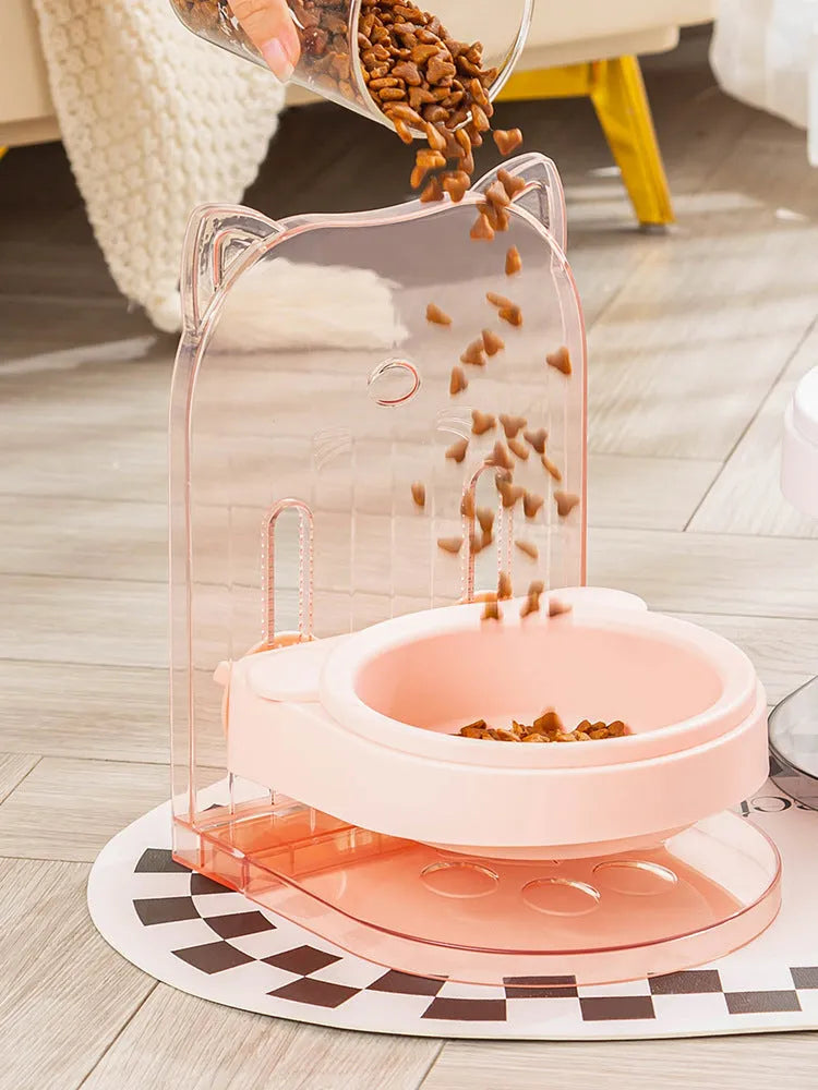 Adjustable height cat bowl with cat ear design in grey or pink, featuring anti-spill fixed hanging body for cages