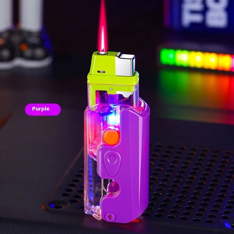 Plastic luminous radish lighter in orange purple and green colours with windproof flame capability