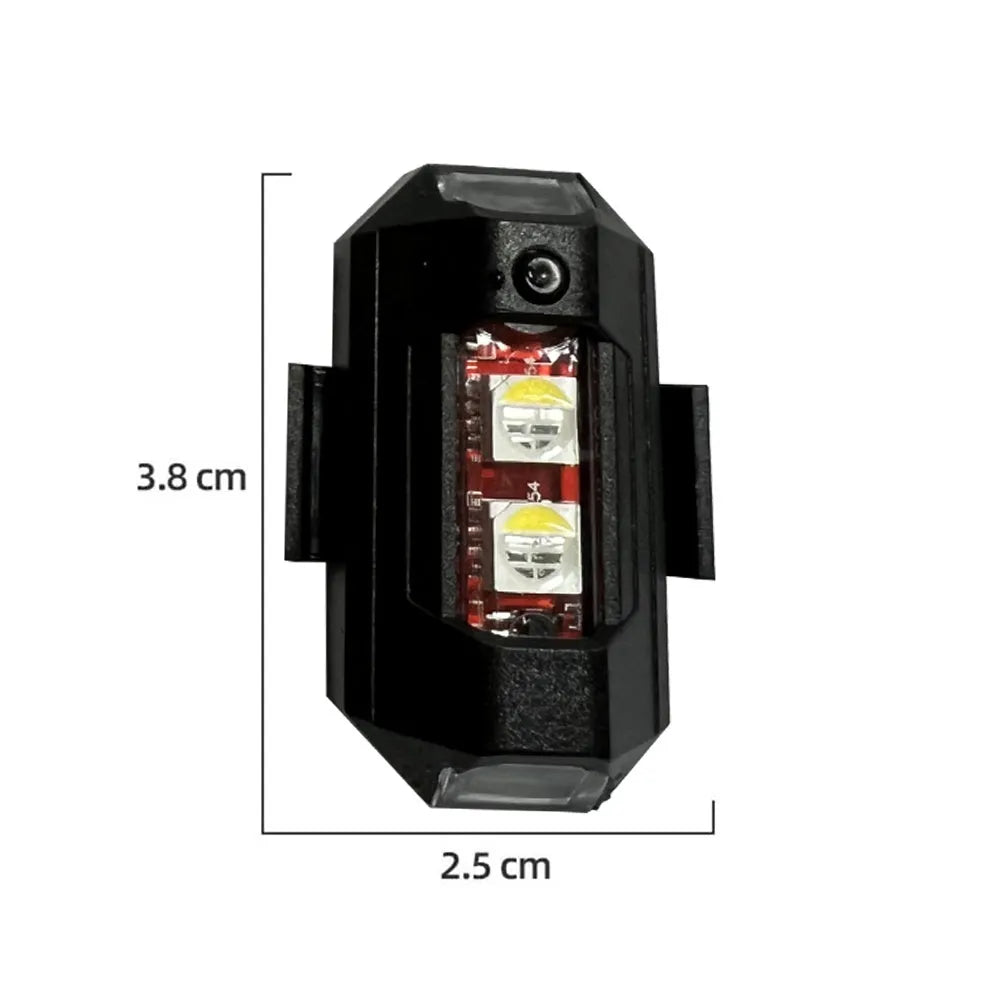 Drone strobe light accessory with RGB LEDs, Type-C charging cable, fixing tapes, and ring belts on a white background.