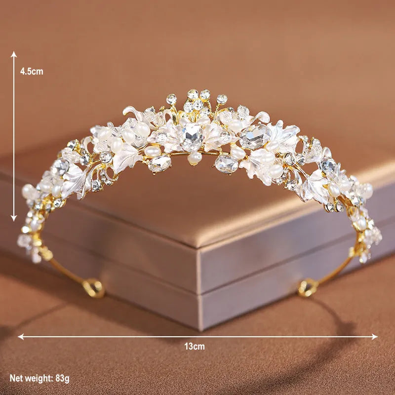Alloy pearl crown headdress with electroplated gold finish for formal events
