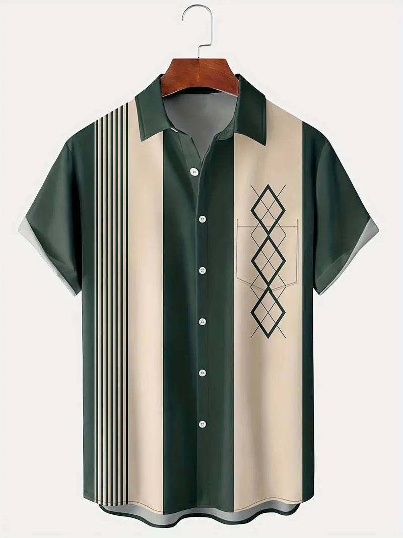 Men's plaid short-sleeve shirt cardigan with lapel collar showing elastic fabric detail