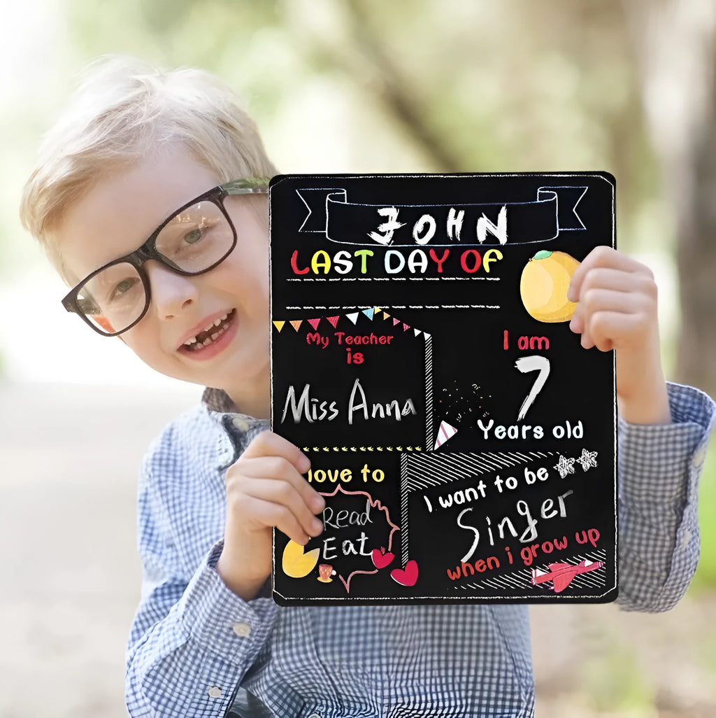Wooden first day of school blackboard ornament, modern style, 25.5cm by 30cm.