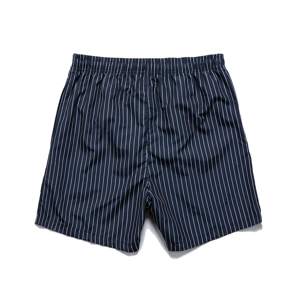 Polyester fibre striped beach shorts in navy blue, grey, khaki, or light blue colours