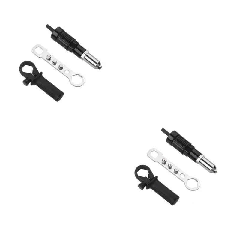 Black metal electric drill rivet gun with handle, wrench, and multiple rivet heads for industrial applications