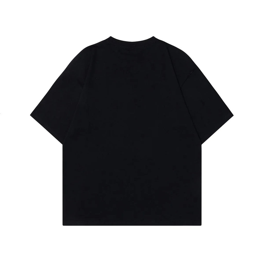 Men's black and grey loose fit cotton t-shirt with a retro character design print on the front.