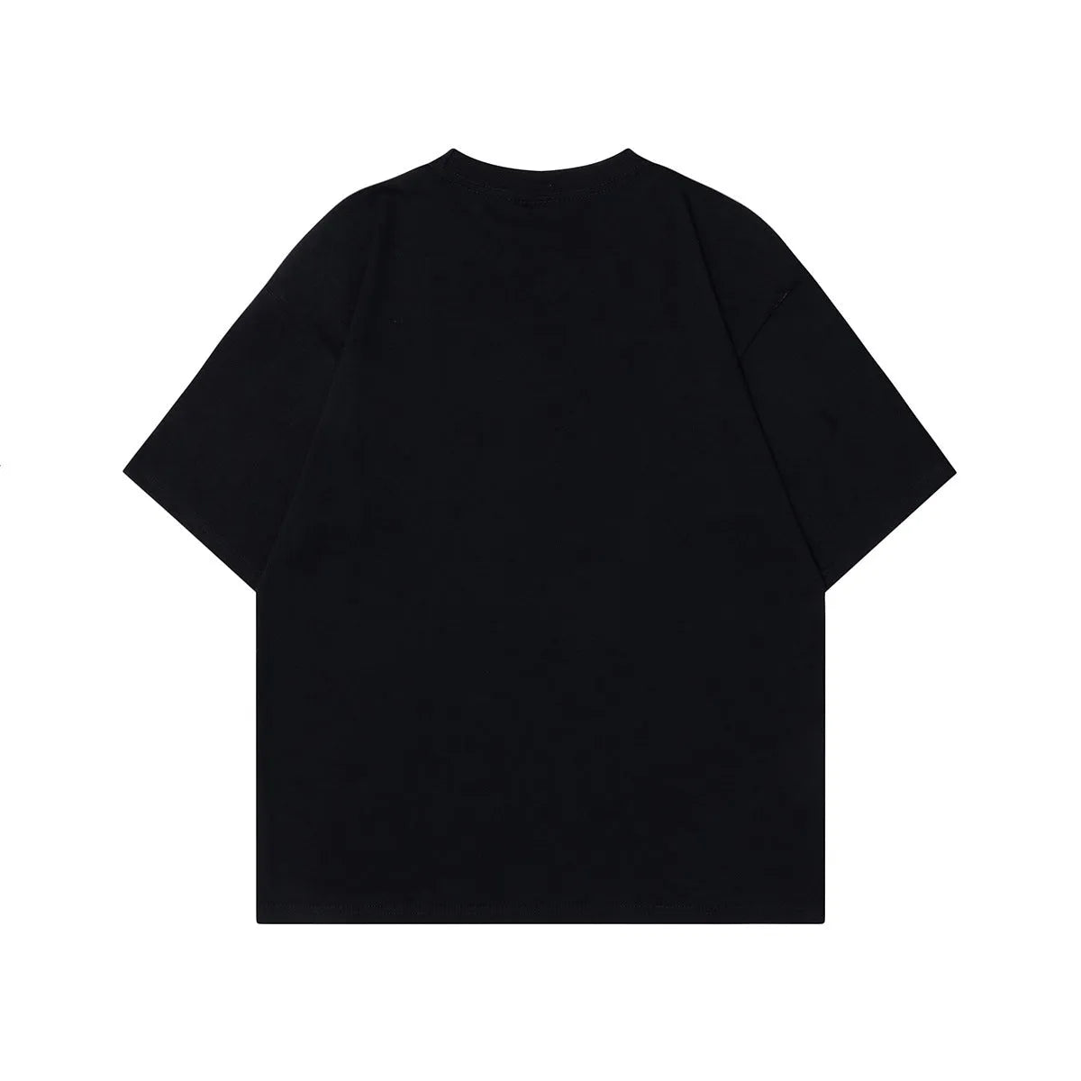 Men's black and grey loose fit cotton t-shirt with a retro character design print on the front.