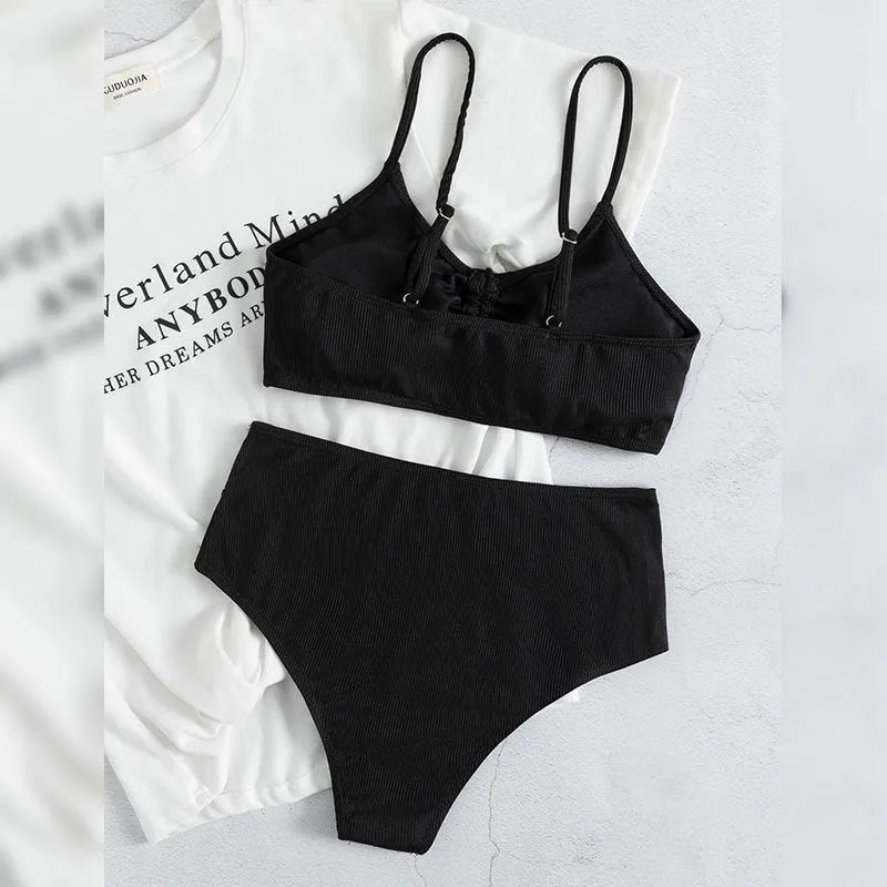 Black women's bikini swimsuit with high waist sling split bottoms and sleeveless top