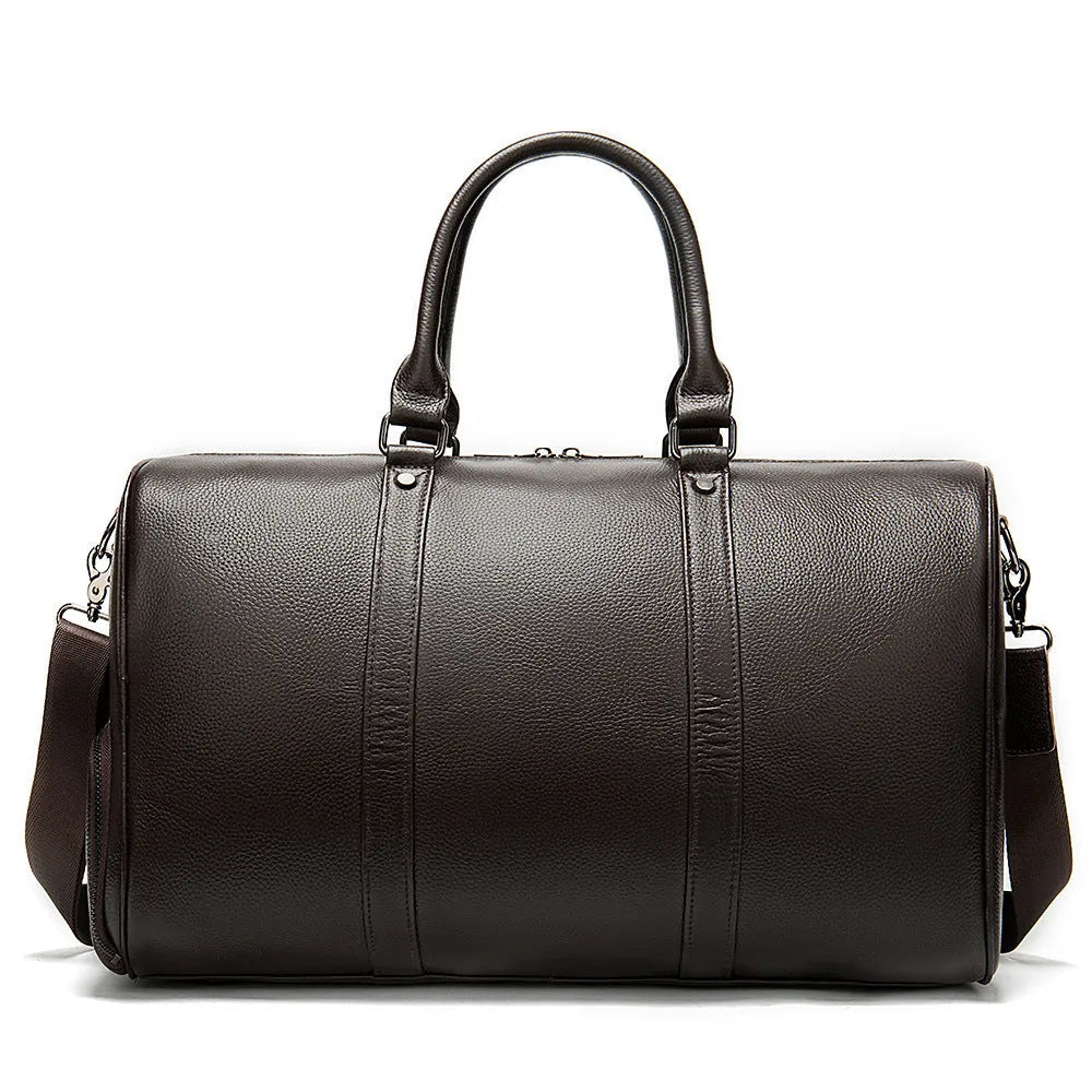 Men's leather tote bag in black and coffee colours showing 44cm and 55cm size options