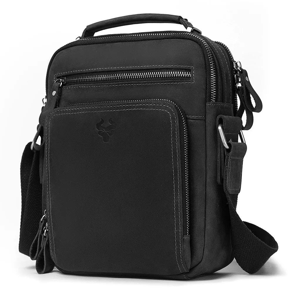 Men's brown Crazy Horse leather crossbody bag with single shoulder strap and sewing line details
