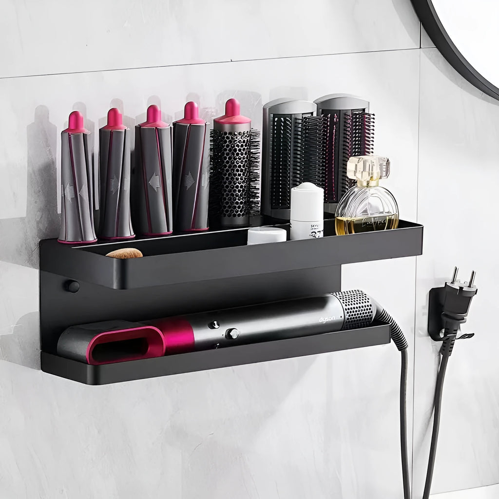White aluminium bathroom storage rack with Marcel waver shape for hair curler organisation